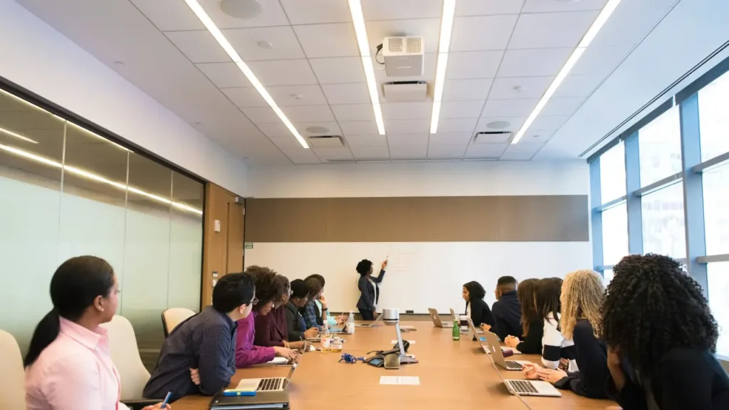 meeting room with colleagues and boss