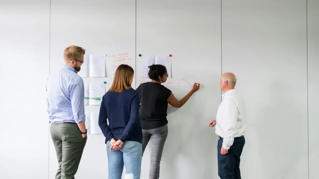 some colleagues talking together and brainstorming on the wall