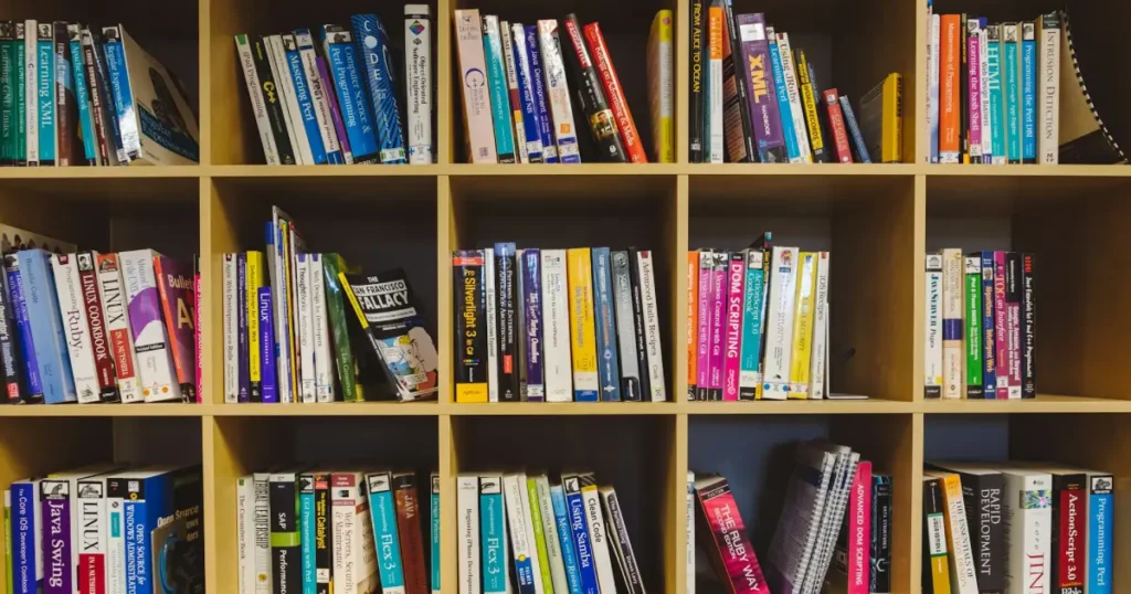 books on the shelves, bookcase