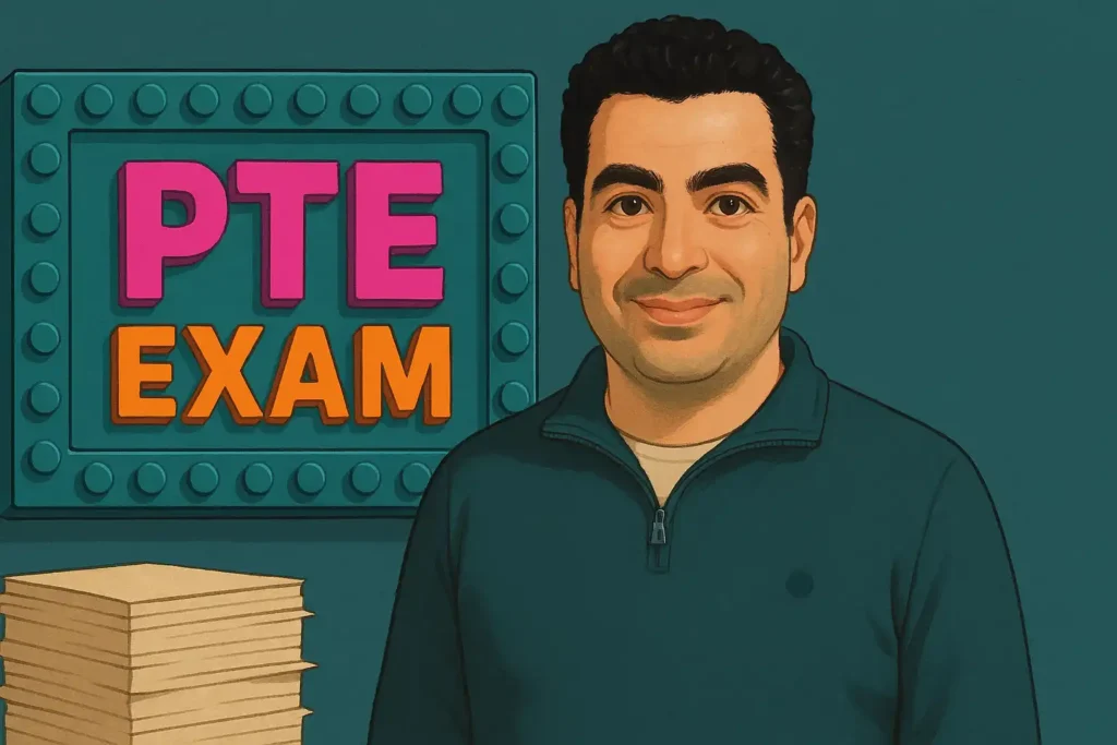 a guy standing in next to a stack of books preparing for the pte exam